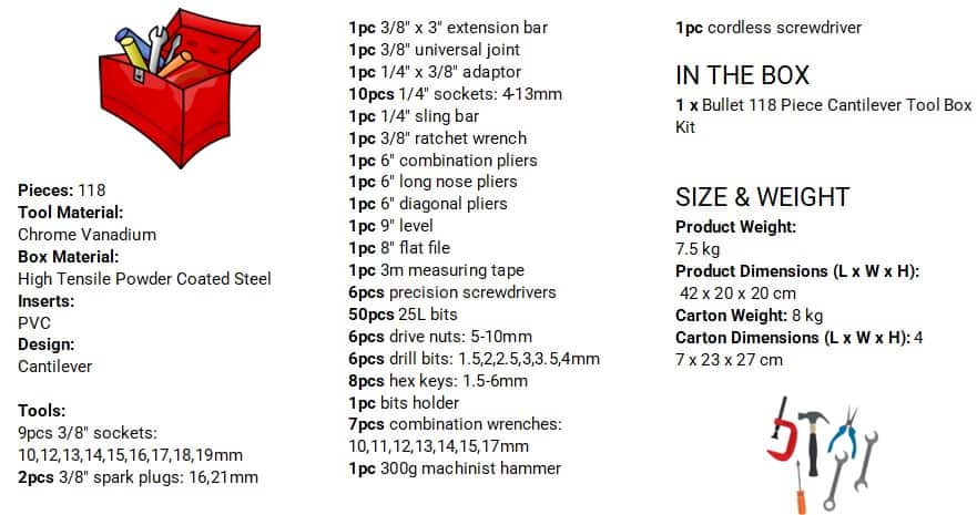 tool box contents - BULLET 118pc Metal Cantilever Tool Kit Box Set Black & Orange