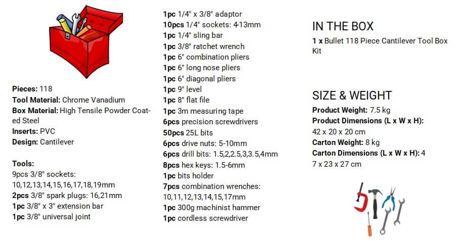 tool box contents - BULLET 118pc Metal Cantilever Tool Kit Box Set, Black & Red